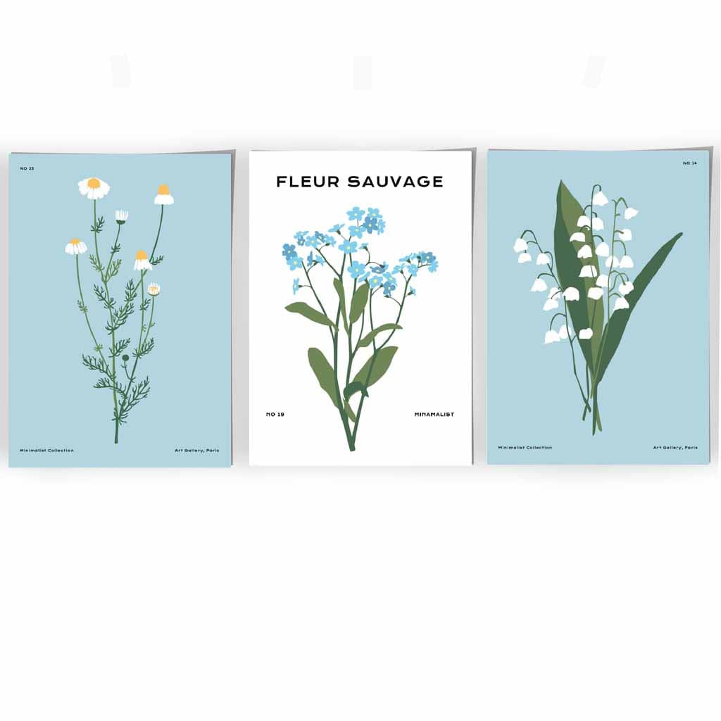 Set of 3 Vintage Graphical Blue Spring Wild Flowers Wall Art Prints