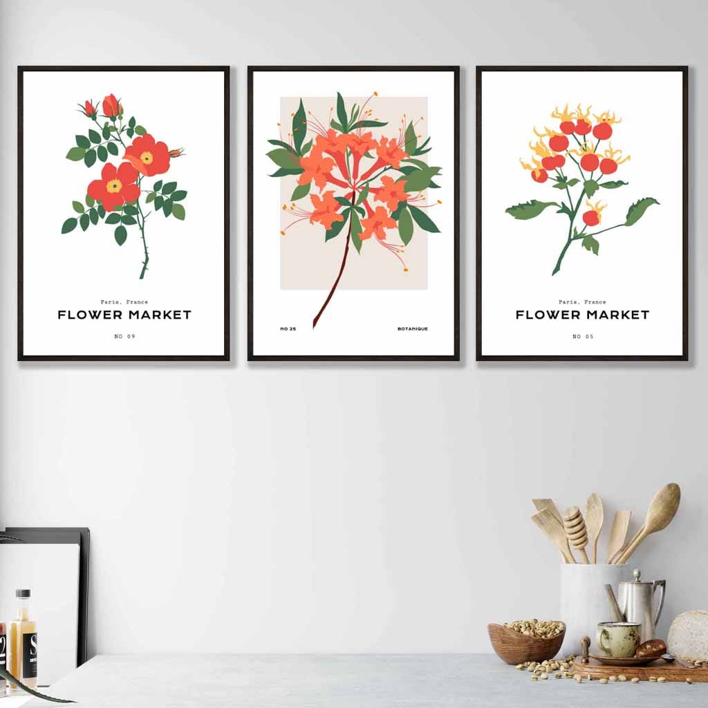 Set of 3 Vintage Graphical Orange Flower Market Wall Art Prints