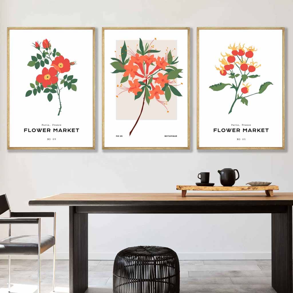 Set of 3 Vintage Graphical Orange Flower Market Wall Art Prints