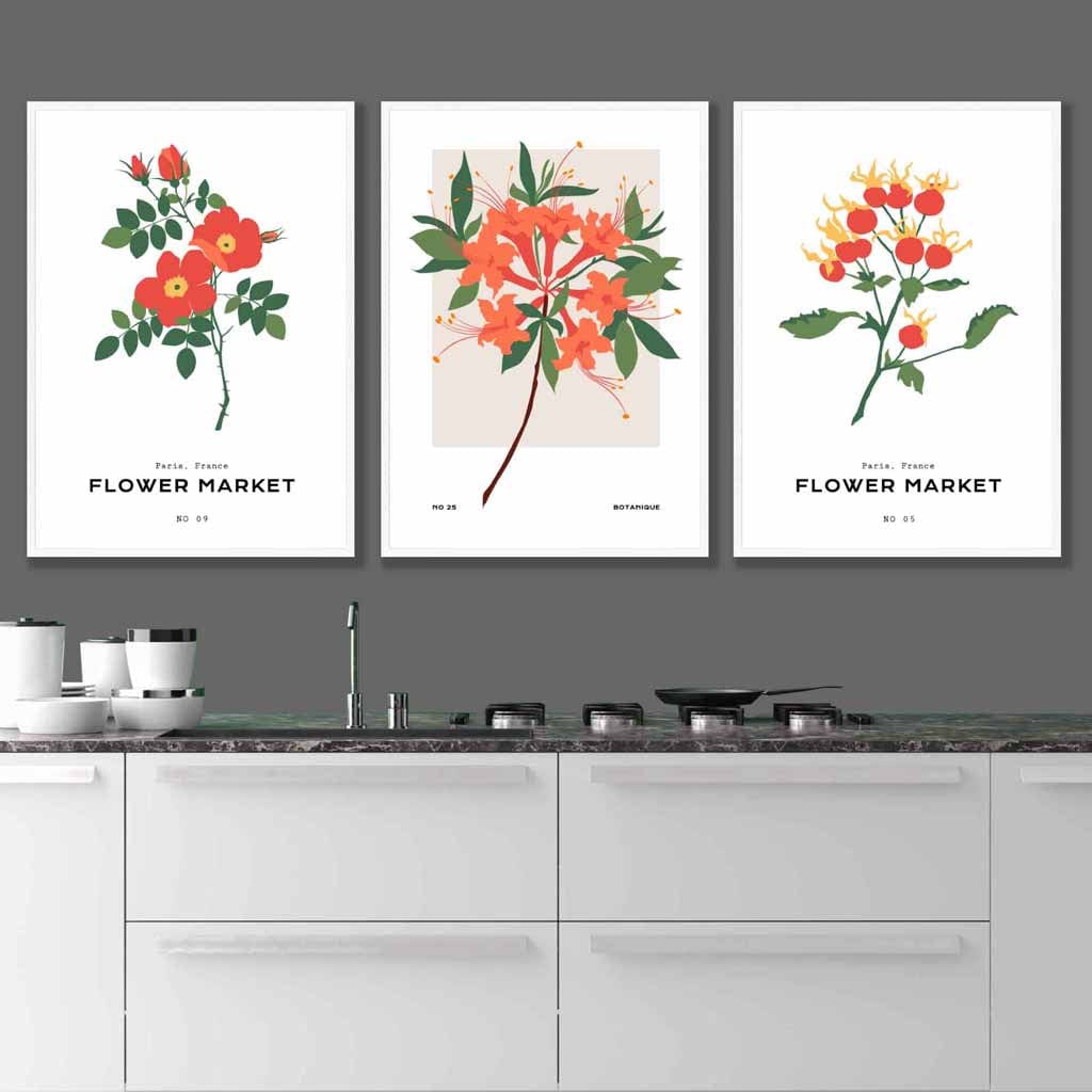 Set of 3 Vintage Graphical Orange Flower Market Wall Art Prints