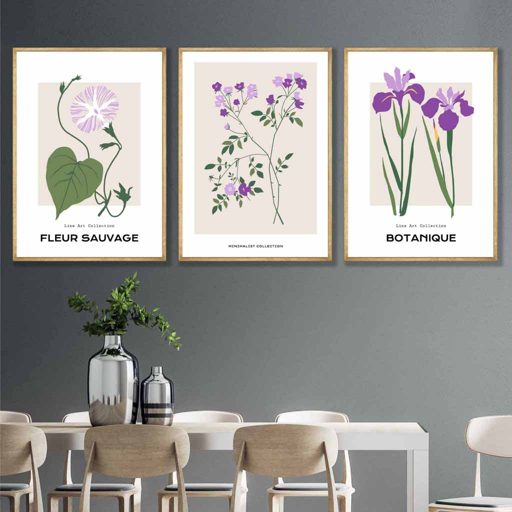 Vintage Graphical Lilac Purple Spring Flower Set of 3 Wall Art Prints