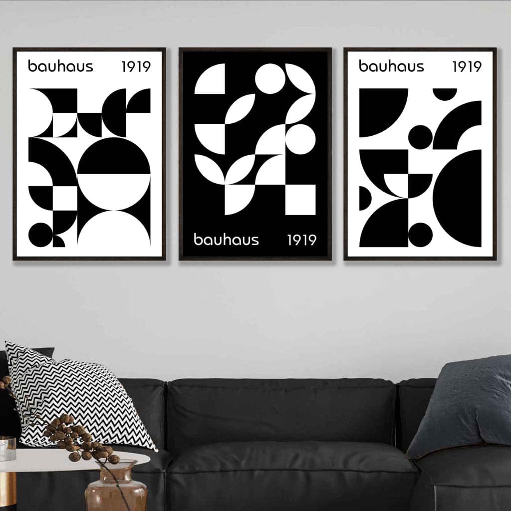 Bauhaus Style Graphical Black & White Geometric Set of 3 Wall Art Prints