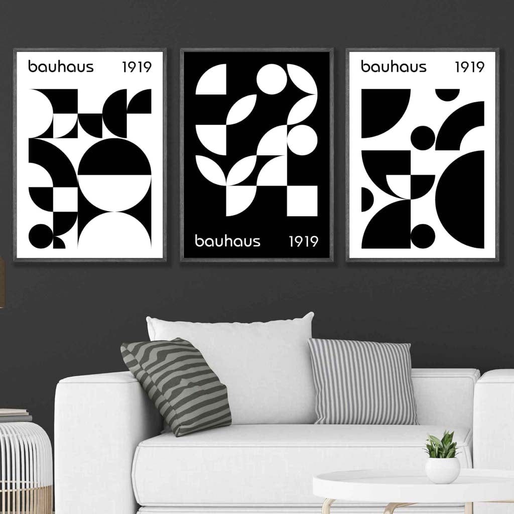 Bauhaus Style Graphical Black & White Geometric Set of 3 Wall Art Prints