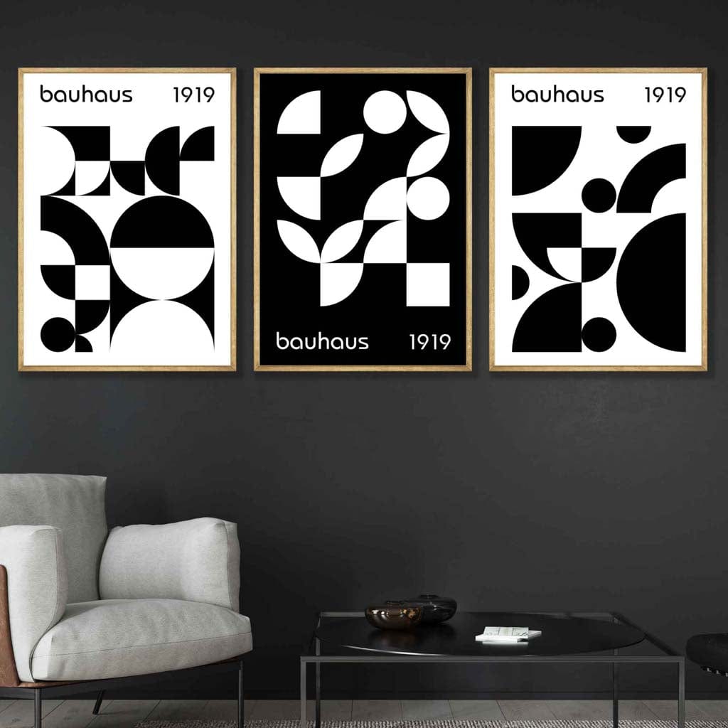 Bauhaus Style Graphical Black & White Geometric Set of 3 Wall Art Prints