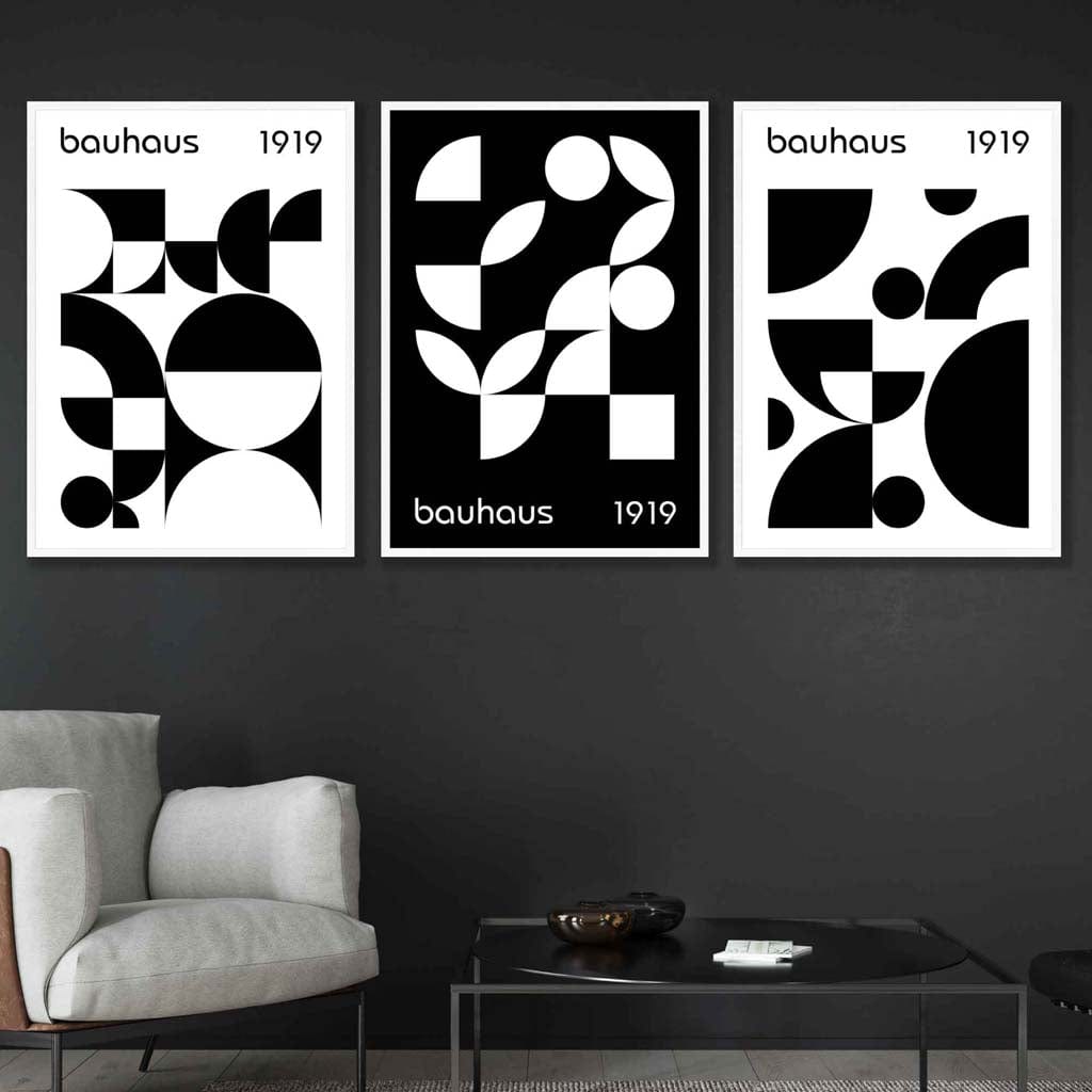 Bauhaus Style Graphical Black & White Geometric Set of 3 Wall Art Prints