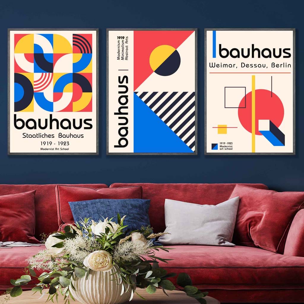 Bauhaus Red Blue & Yellow Geometric Set of 3 Wall Art Prints