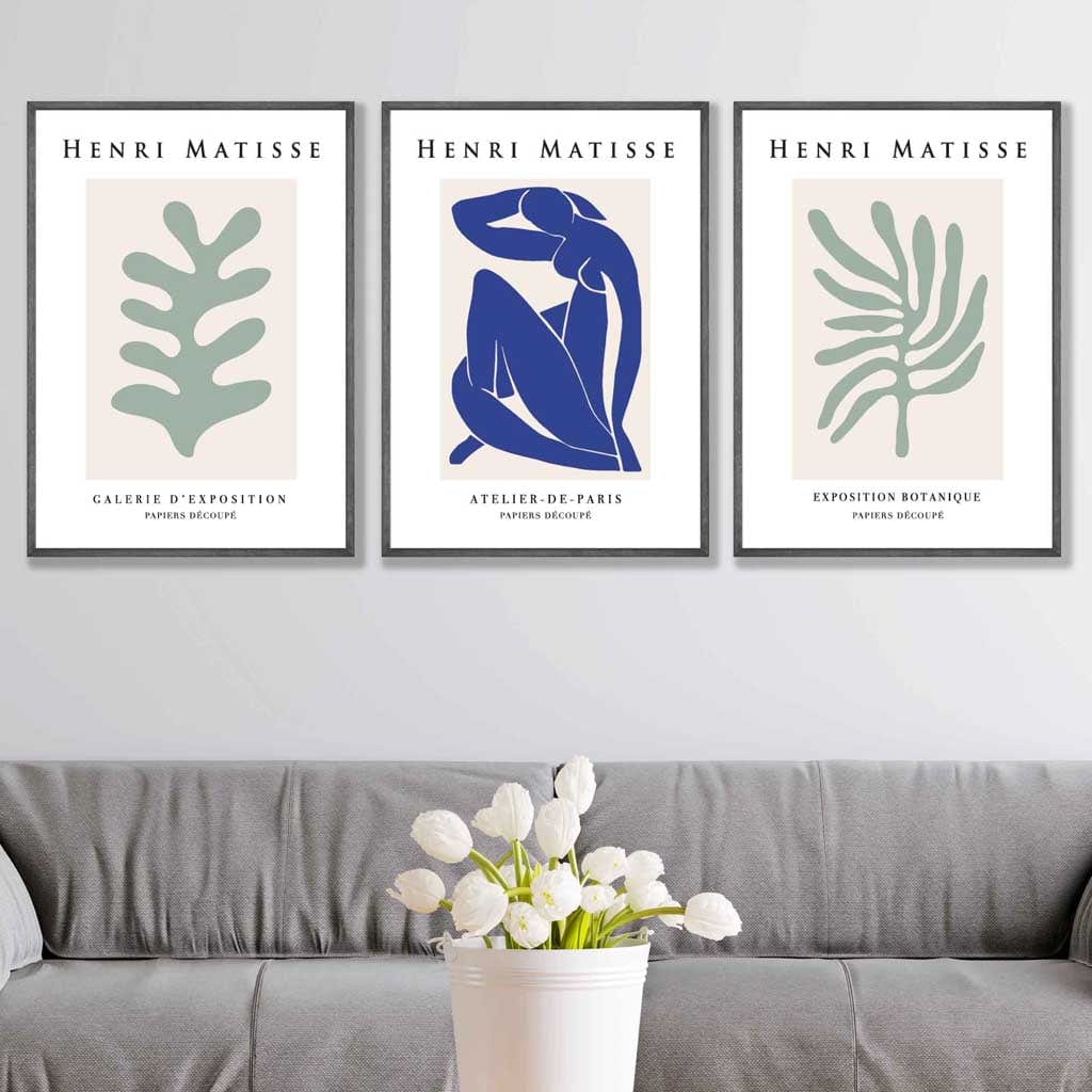 Set of 3 Wall Art Prints Matisse Botanical Shapes with Nude in Green & Blue