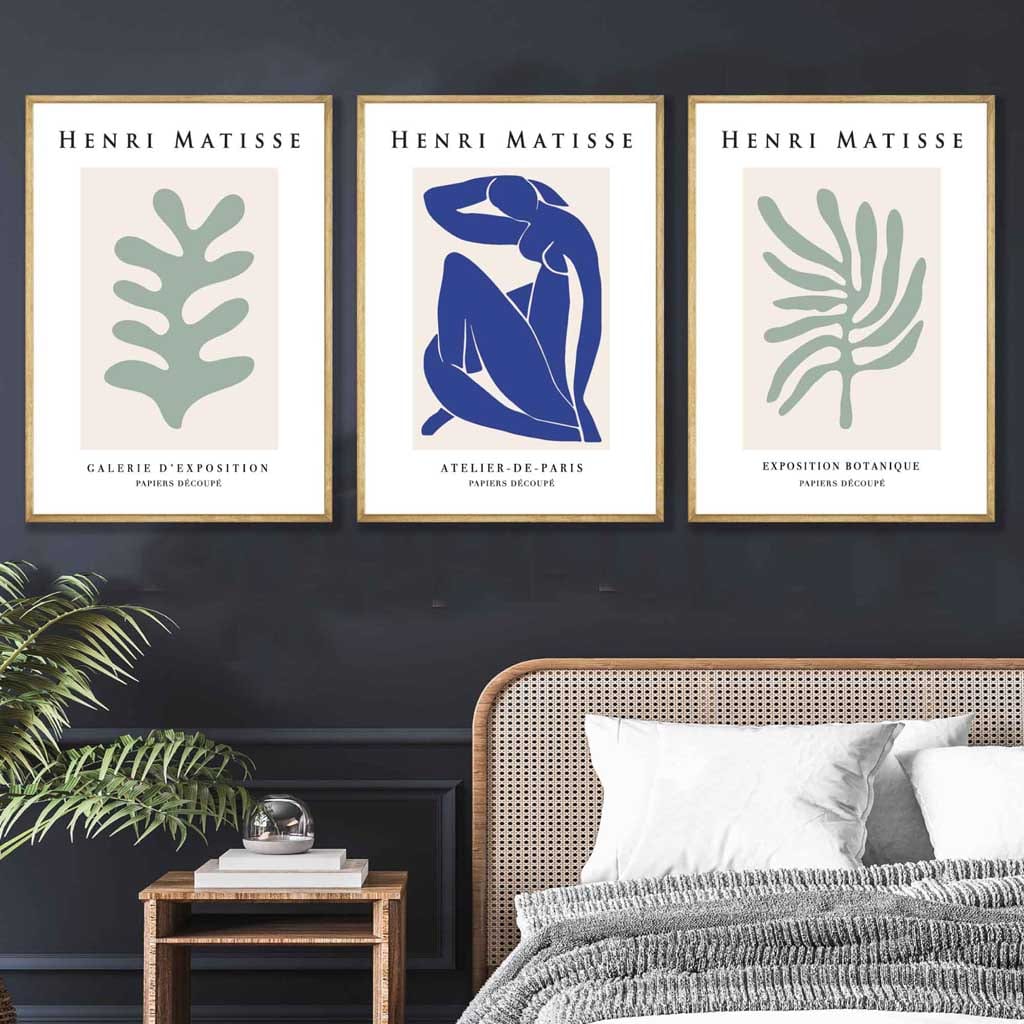 Set of 3 Wall Art Prints Matisse Botanical Shapes with Nude in Green & Blue