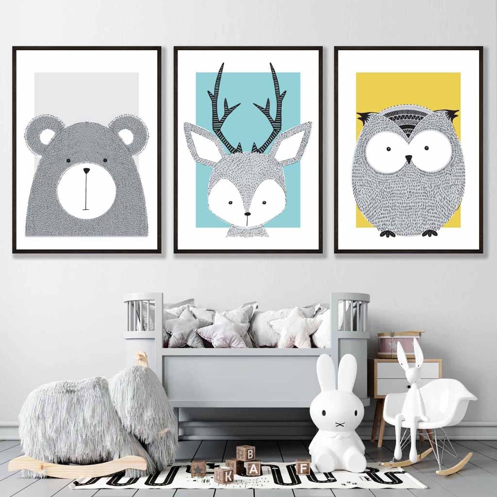 Set of 3 Nursery Prints Scandi Sketch Forest Animals Blue Yellow Grey
