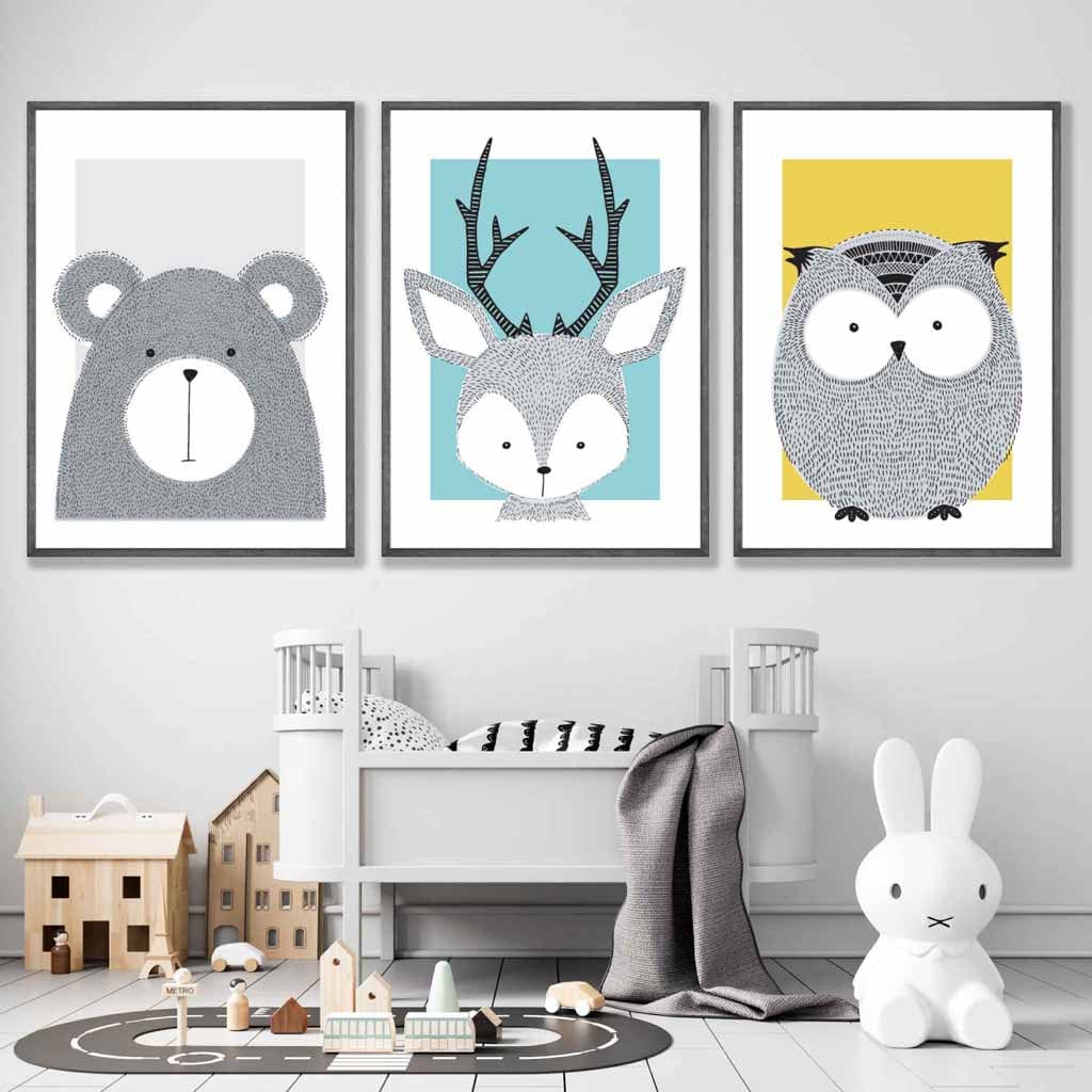 Set of 3 Nursery Prints Scandi Sketch Forest Animals Blue Yellow Grey