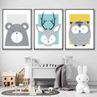 Set of 3 Nursery Prints Scandi Sketch Forest Animals Blue Yellow Grey