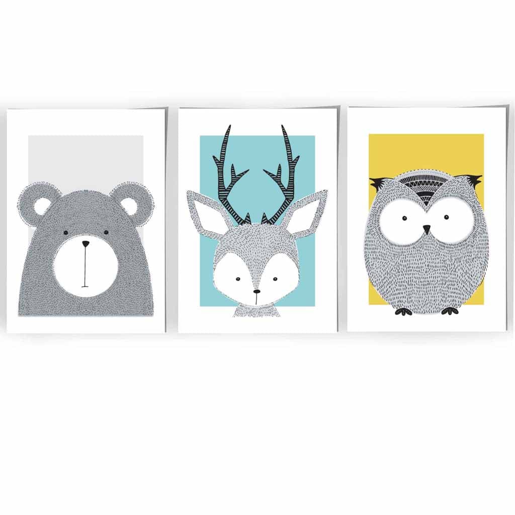 Set of 3 Nursery Prints Scandi Sketch Forest Animals Blue Yellow Grey