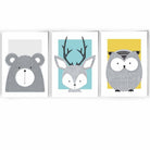 Set of 3 Nursery Prints Scandi Sketch Forest Animals Blue Yellow Grey