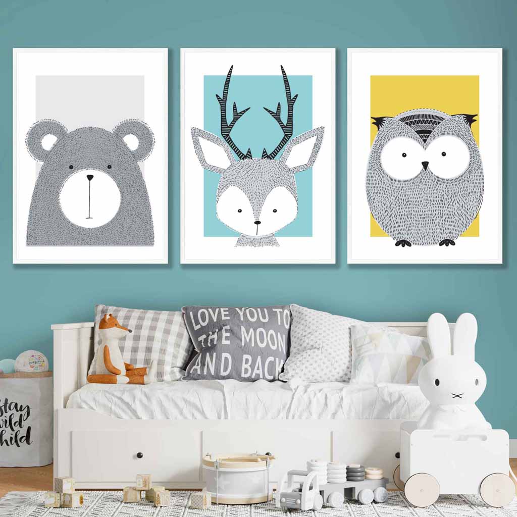Set of 3 Nursery Prints Scandi Sketch Forest Animals Blue Yellow Grey