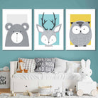 Set of 3 Nursery Prints Scandi Sketch Forest Animals Blue Yellow Grey