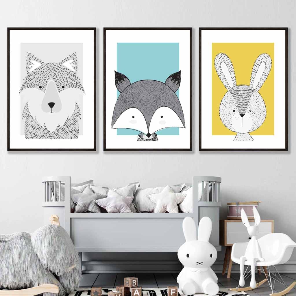 Nursery Set of 3 Scandinavian Prints Sketch Forest Animals Blue Yellow Grey