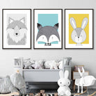 Nursery Set of 3 Scandinavian Prints Sketch Forest Animals Blue Yellow Grey