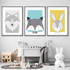Nursery Set of 3 Scandinavian Prints Sketch Forest Animals Blue Yellow Grey