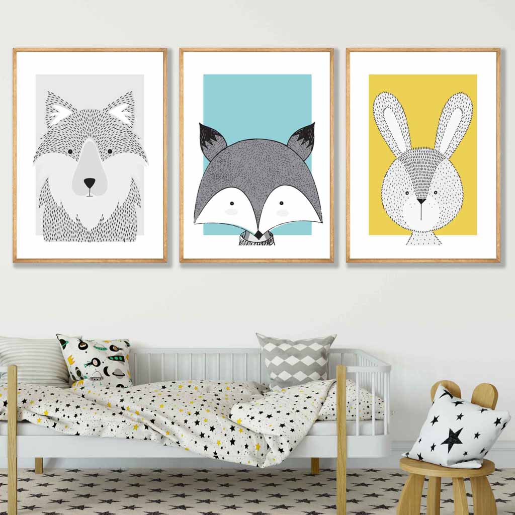 Nursery Set of 3 Scandinavian Prints Sketch Forest Animals Blue Yellow Grey