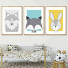 Nursery Set of 3 Scandinavian Prints Sketch Forest Animals Blue Yellow Grey