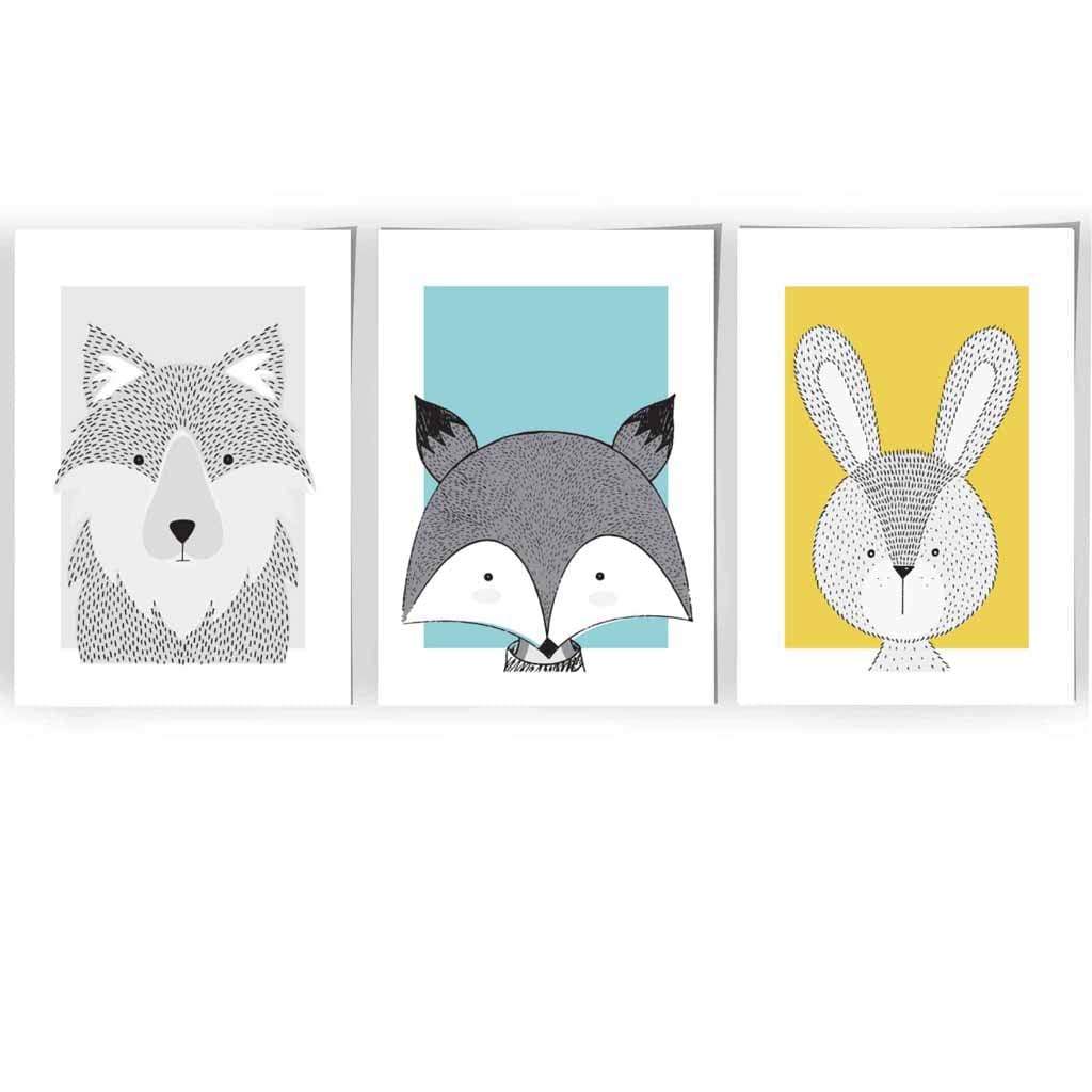 Nursery Set of 3 Scandinavian Prints Sketch Forest Animals Blue Yellow Grey