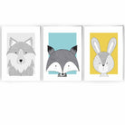 Nursery Set of 3 Scandinavian Prints Sketch Forest Animals Blue Yellow Grey