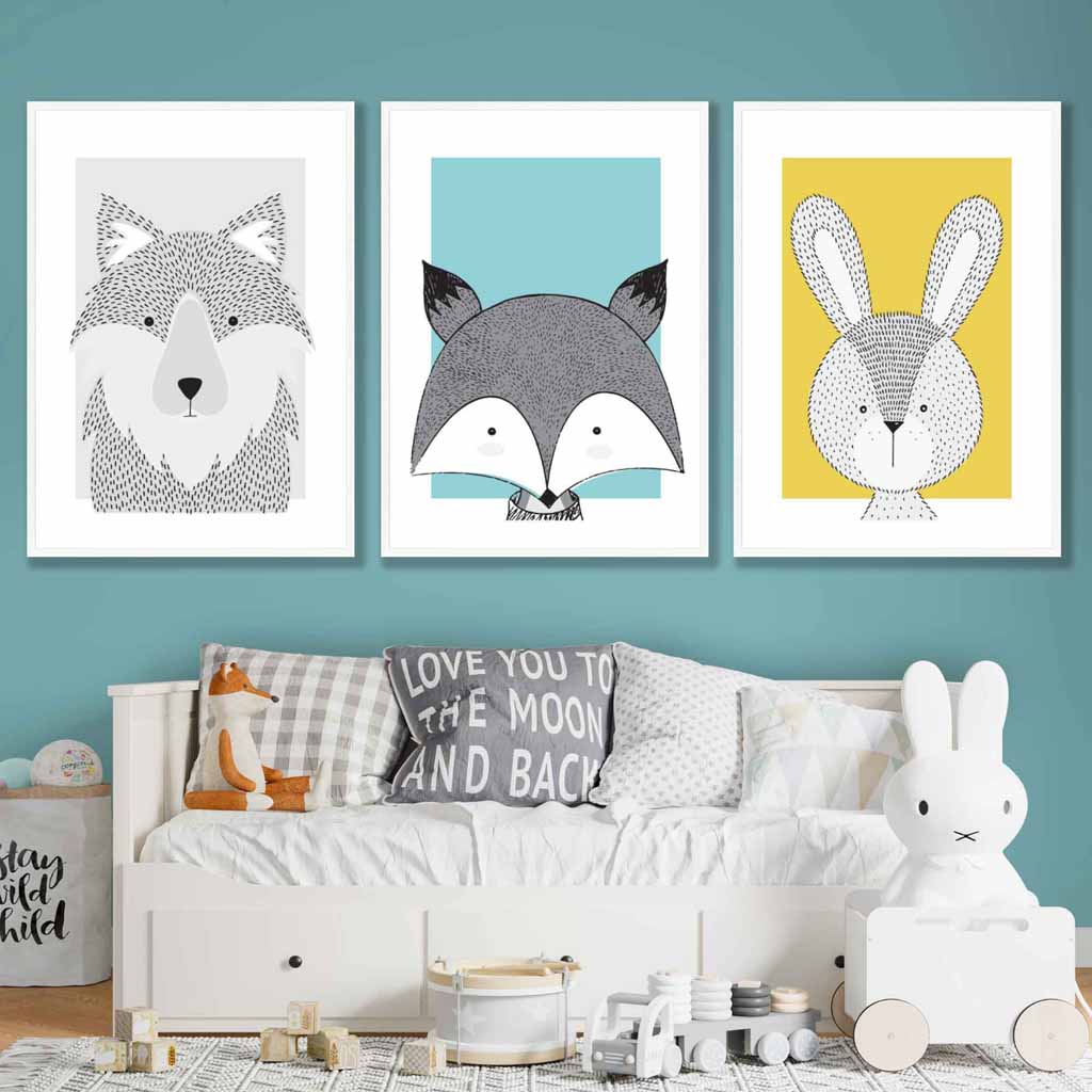 Nursery Set of 3 Scandinavian Prints Sketch Forest Animals Blue Yellow Grey