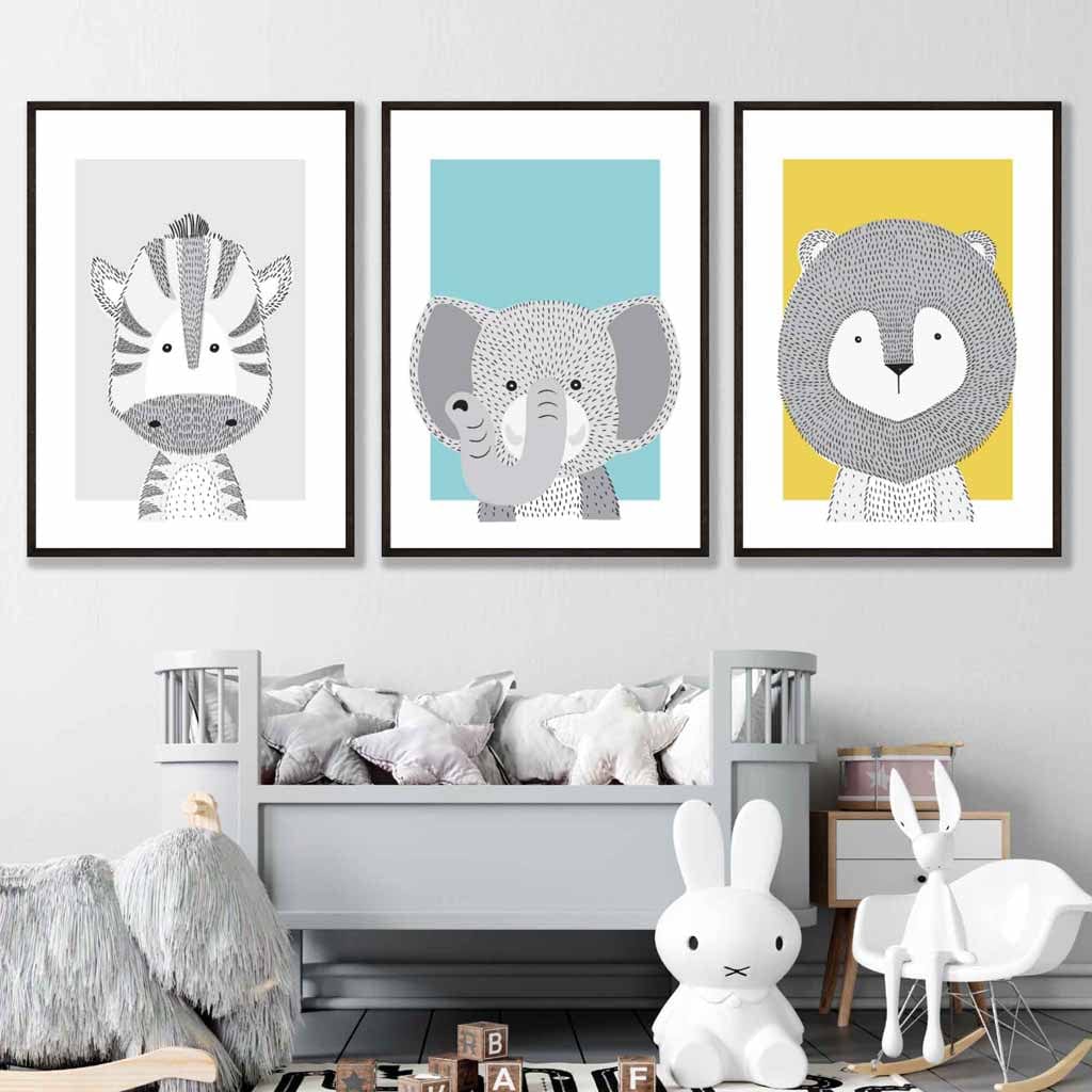 Nursery Set of 3 Scandinavian Prints Sketch Jungle Animals Blue Yellow Grey