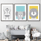 Nursery Set of 3 Scandinavian Prints Sketch Jungle Animals Blue Yellow Grey