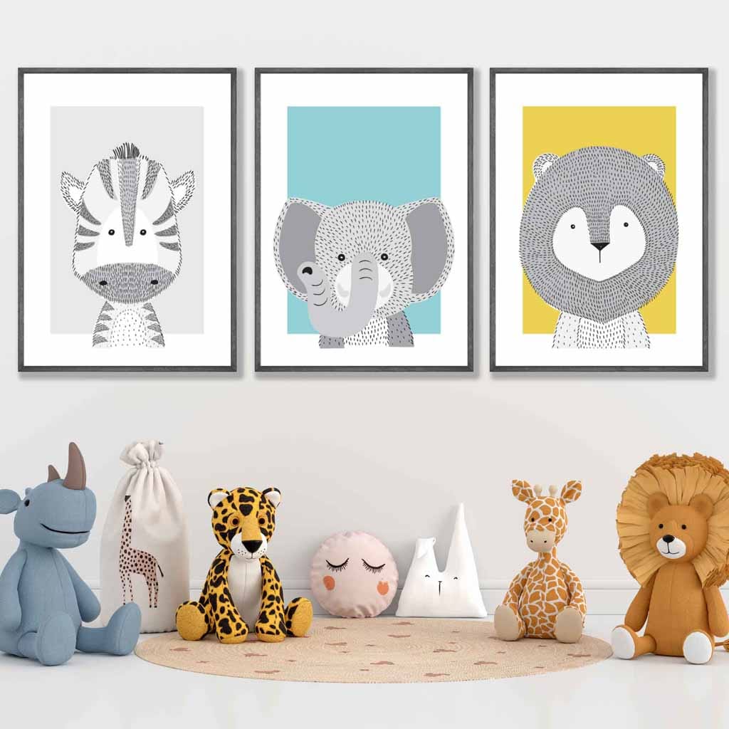 Nursery Set of 3 Scandinavian Prints Sketch Jungle Animals Blue Yellow Grey