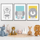Nursery Set of 3 Scandinavian Prints Sketch Jungle Animals Blue Yellow Grey