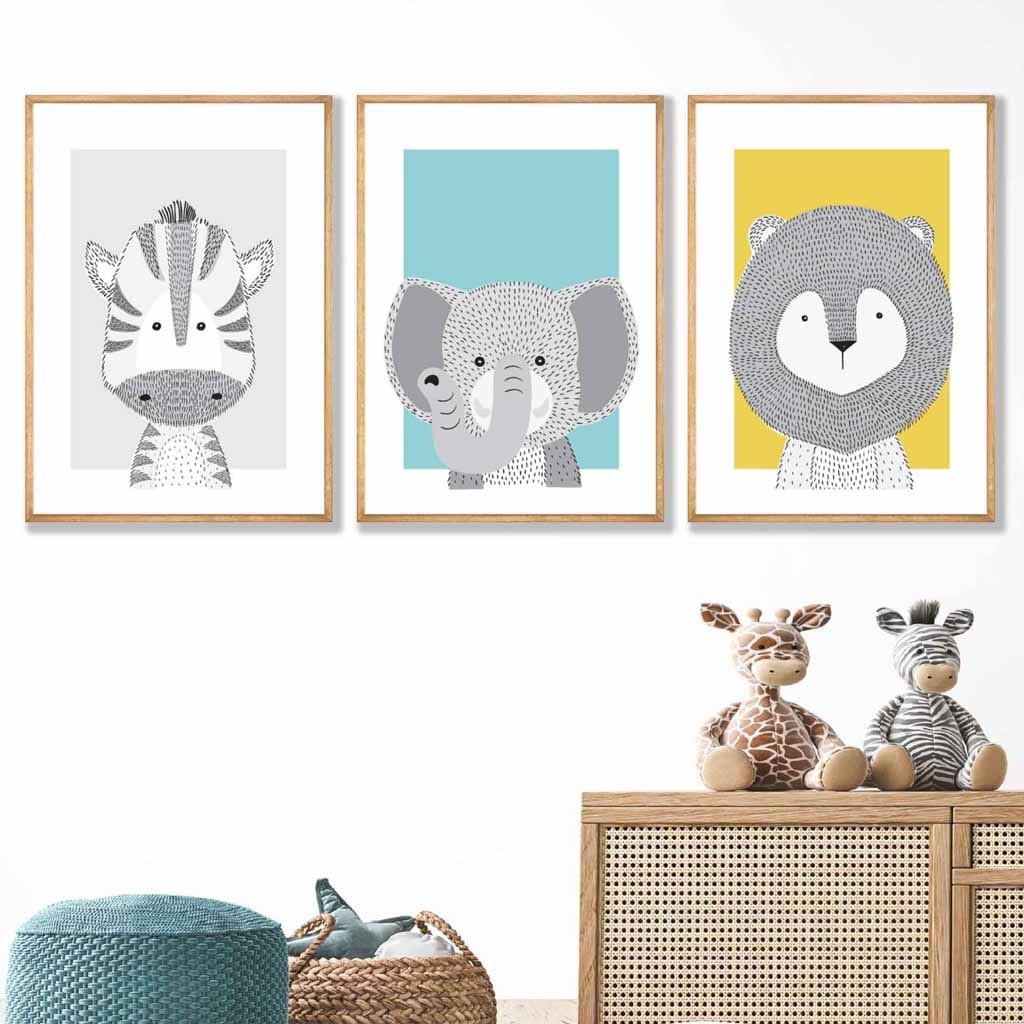Nursery Set of 3 Scandinavian Prints Sketch Jungle Animals Blue Yellow Grey