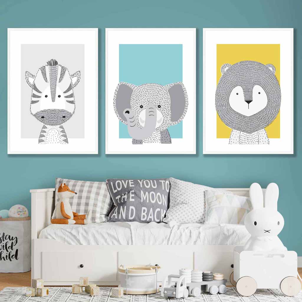 Nursery Set of 3 Scandinavian Prints Sketch Jungle Animals Blue Yellow Grey