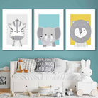 Nursery Set of 3 Scandinavian Prints Sketch Jungle Animals Blue Yellow Grey