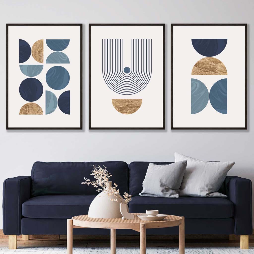 Set of 3 Geometric Wall Art Posters in Blue and Gold
