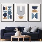Set of 3 Geometric Wall Art Posters in Blue and Gold