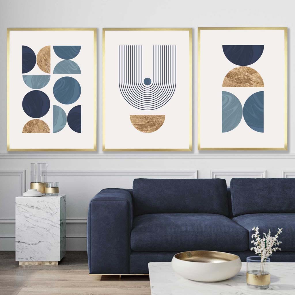 Set of 3 Geometric Wall Art Posters in Blue and Gold