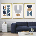 Set of 3 Geometric Wall Art Posters in Blue and Gold