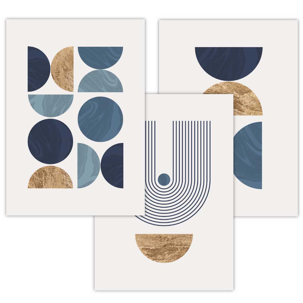 Mid Century Geometric Wall Art Prints / Framed in Blue and Gold | Artze Wall Art UK