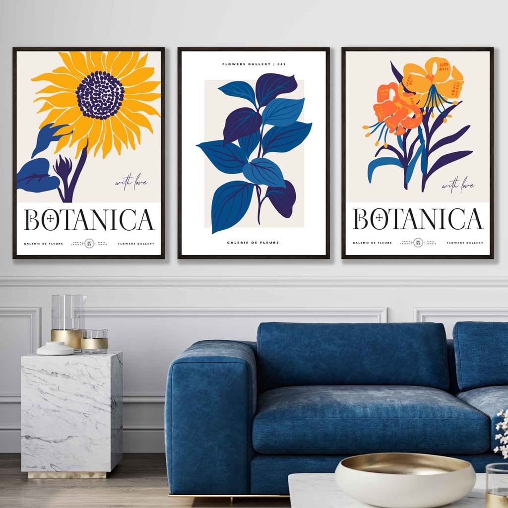 Set of 3 Blue & Yellow Floral Boho Prints Sunflower Posters