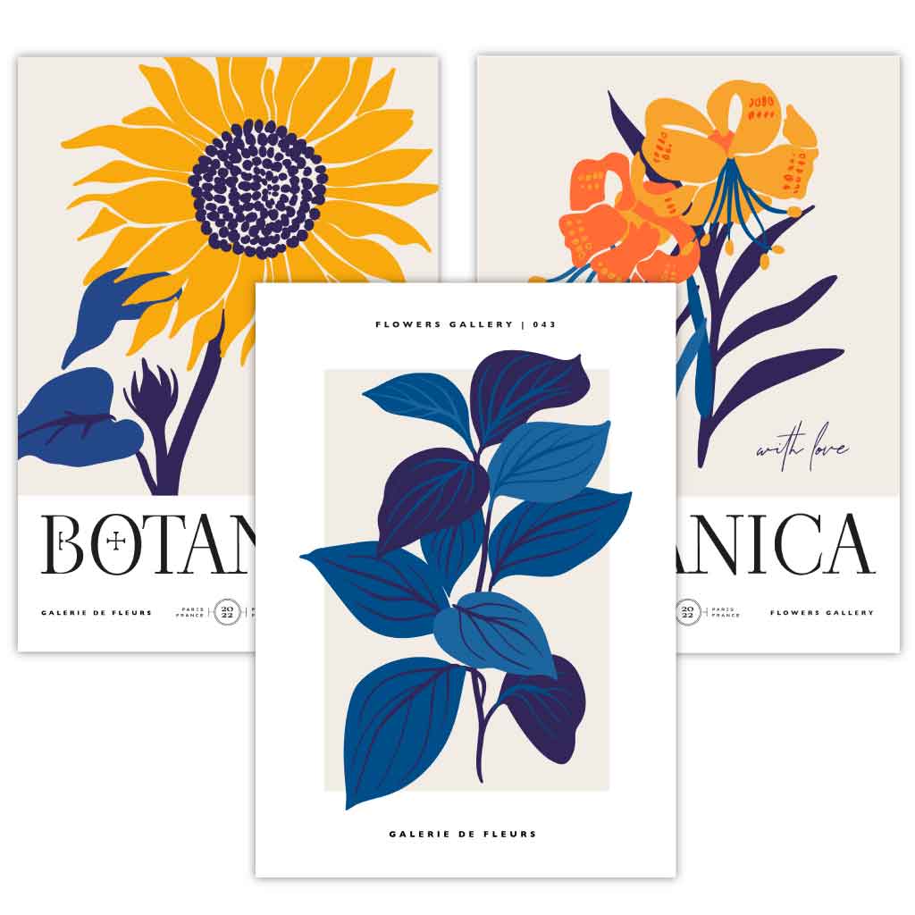 Set of 3 Blue & Yellow Floral Boho Prints Sunflower Posters