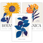 Set of 3 Blue & Yellow Floral Boho Prints Sunflower Posters
