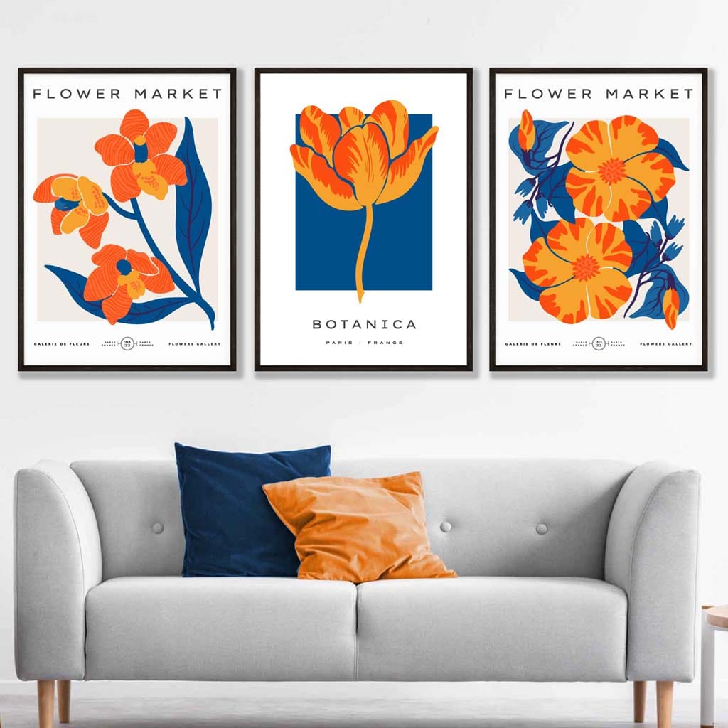 Set of 3 Vintage Exhibition Blue & Orange Botanical Flower Market Posters