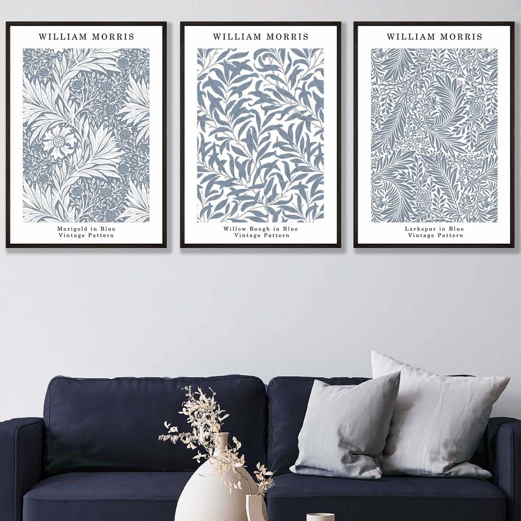Blue William Morris Vintage Floral Set of 3 Wall Art Prints