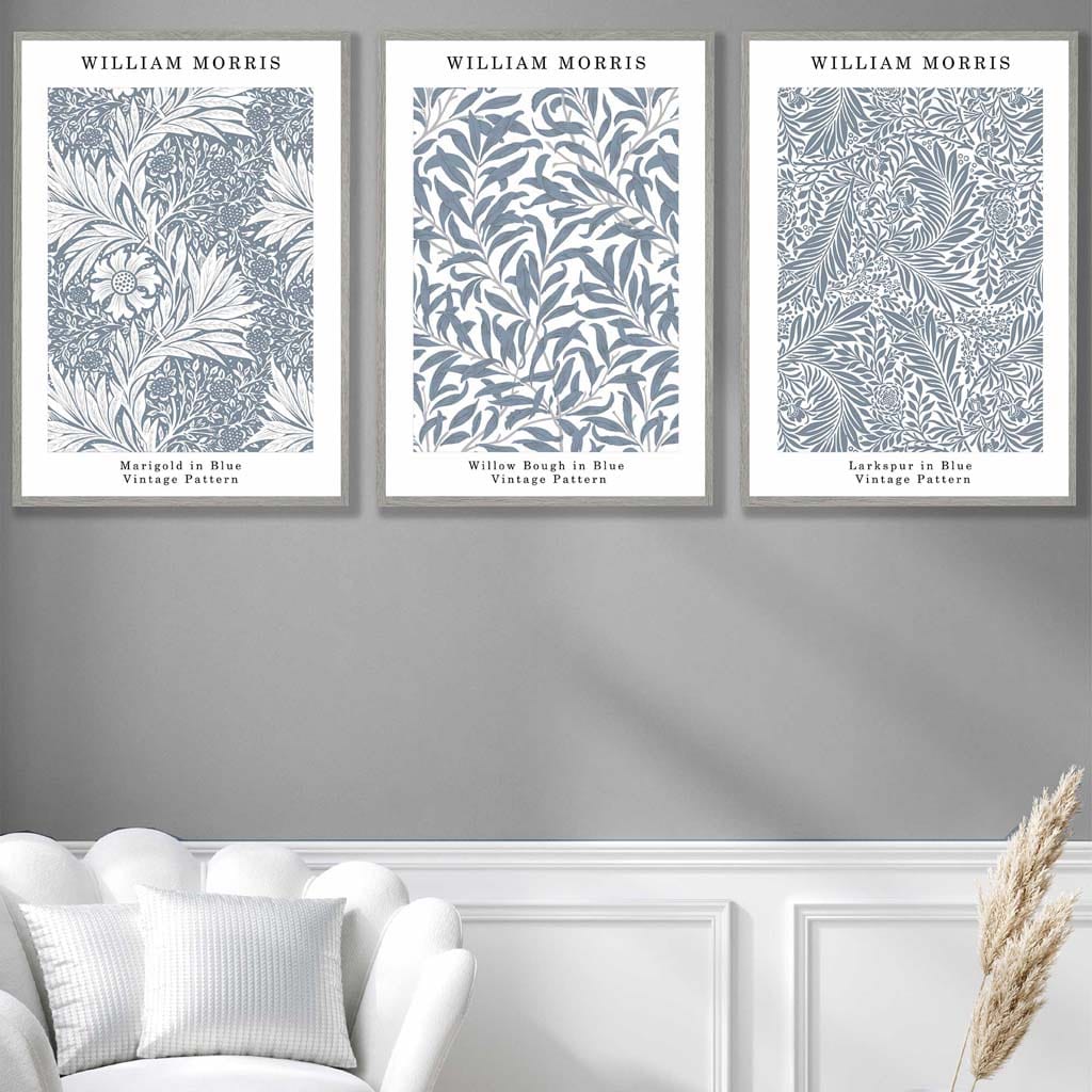 Blue William Morris Vintage Floral Set of 3 Wall Art Prints