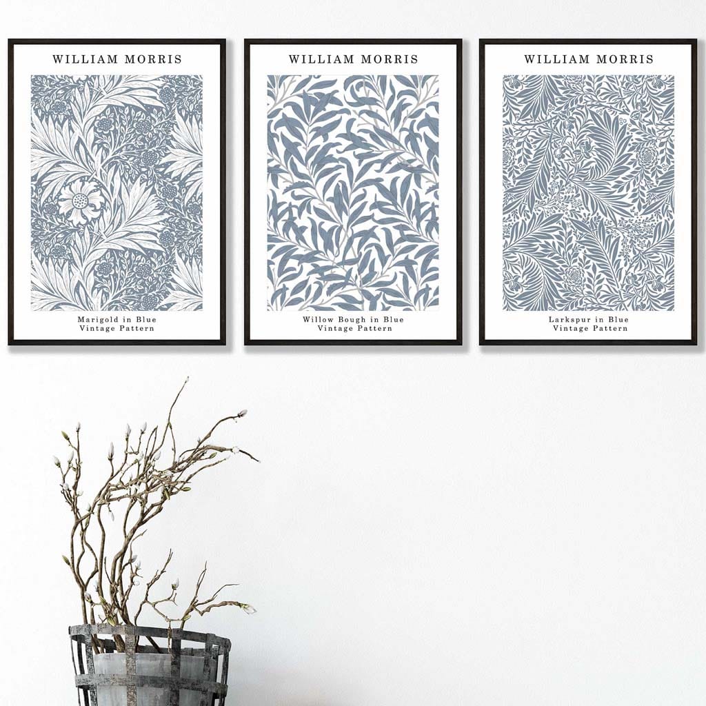 Blue William Morris Vintage Floral Set of 3 Wall Art Prints