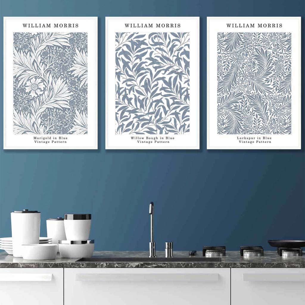 Blue William Morris Vintage Floral Set of 3 Wall Art Prints