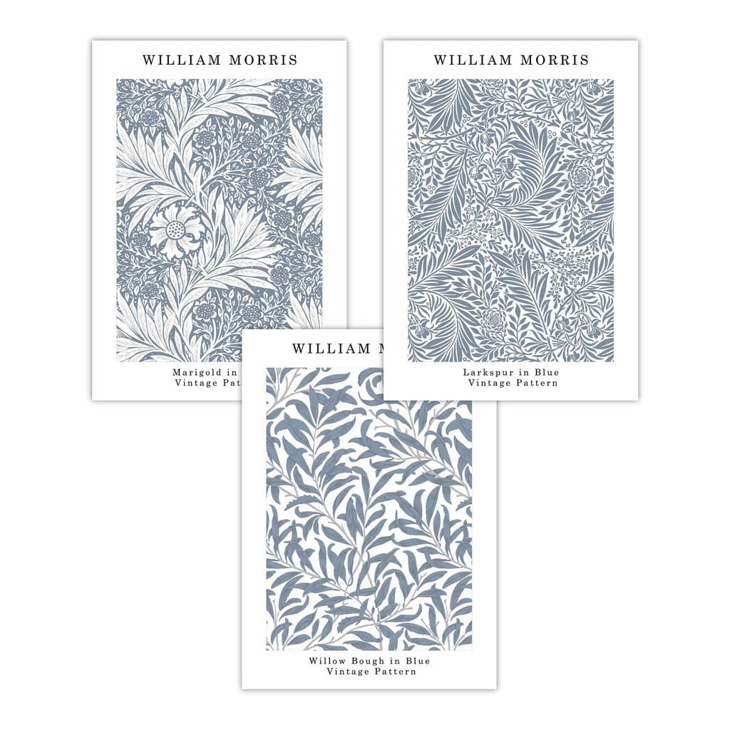 Blue William Morris Vintage Floral Set of 3 Wall Art Prints