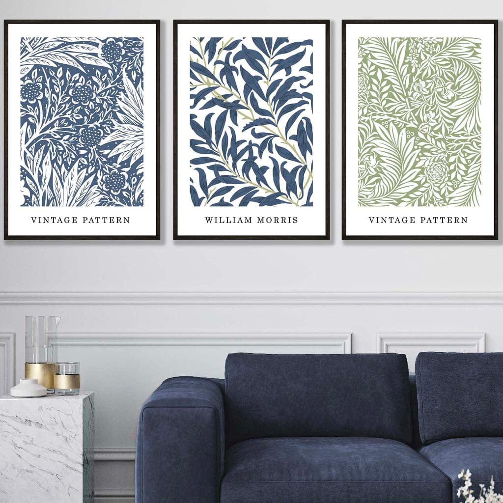 Blue & Green William Morris Vintage Floral Set of 3 Wall Art Prints