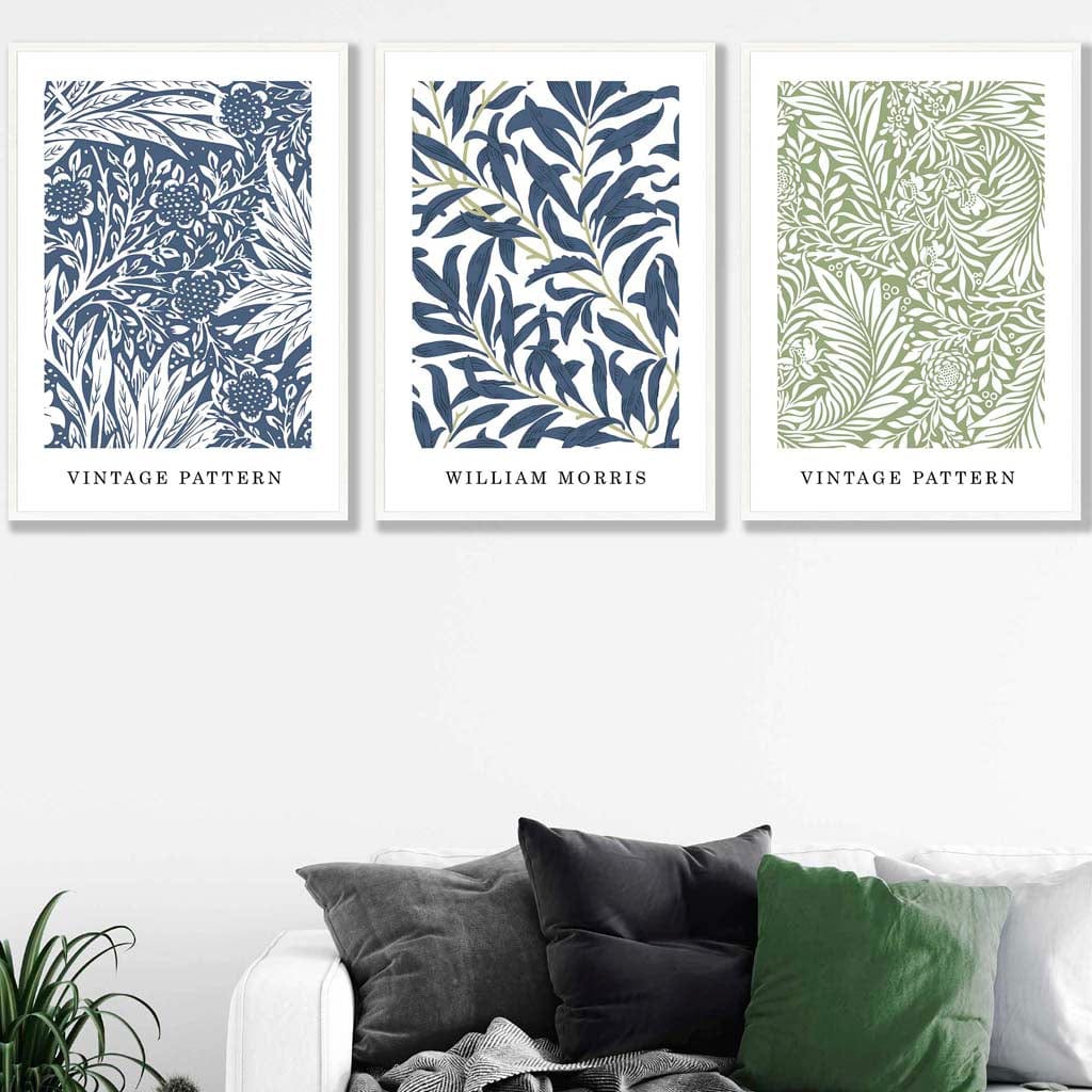 Blue & Green William Morris Vintage Floral Set of 3 Wall Art Prints